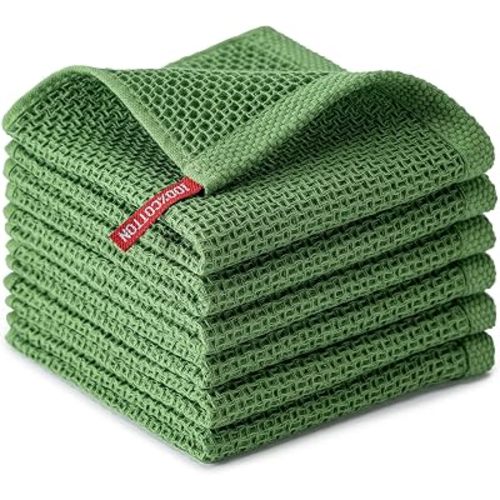BOOMIBOO 6-Pack Kitchen Dish Cloths, 100% Cotton Waffle Weave, Ultra Soft Absorbent, Quick Drying Dish Towels, 12x12 Inches,Grass Green