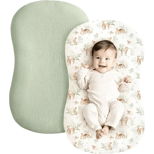 Konssy Muslin Baby Lounger Cover 2 Pack, 100% Cotton Newborn Lounger, Soft and Breathable for Boys & Girls (Woodland, Sage)