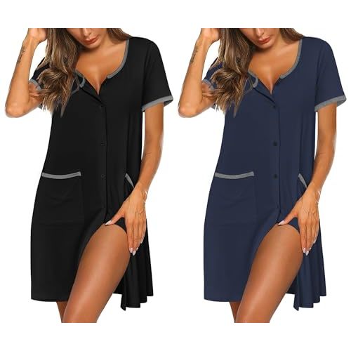Ekouaer Nightgowns for Women 2 Pack Button Down Sleep Shirts Short Sleeve Nightshirt Sleepwear House Dress with Pockets