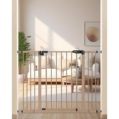 keny 29"-42.5" Baby Gate for Stairs, Auto Close Safety Dog Gate, Pressure Mounted Easy Walk Through Pet Gate for Doorways, Durable Stair Gate, 30" Tall, Brown