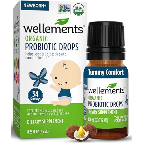 Wellements Organic Baby Probiotic Drops (0.25 Fl Oz) - Digestive & Immune Support for Infants - Toddler Probiotic Helps with Newborn+ Gut Health, Gas, Constipation & Colic Support - Preservative Free