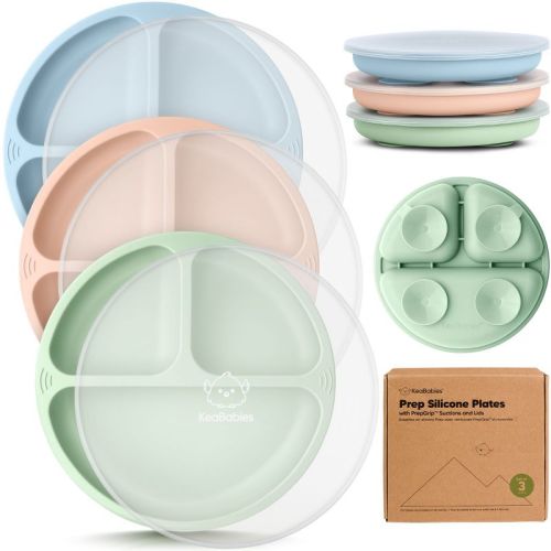 3-Pack Prep Suction Plates with Lids, 100% Silicone Baby Plates with Lid, BPA-Free Kids Divided Toddler Plates (Mellow)