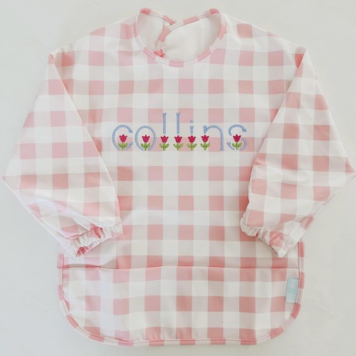 Embroidered Plaid Wipeable Catch All Bib - Pink