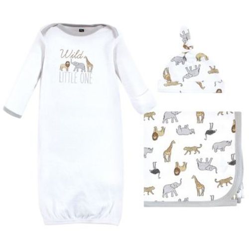 Hudson Baby Gown, Swaddle Blanket And Cap Or Headband, Modern Neutral Safari, 0-6 Months