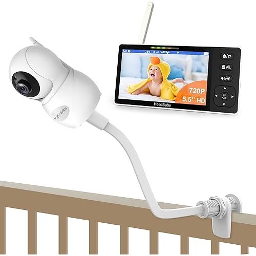 HelloBaby Baby Monitor with Clip Mount, 720P 5.5'' HD Baby Monitor with Camera and Audio No WiFi, Flexible Clamp Mount with Long Gooseneck Arm
