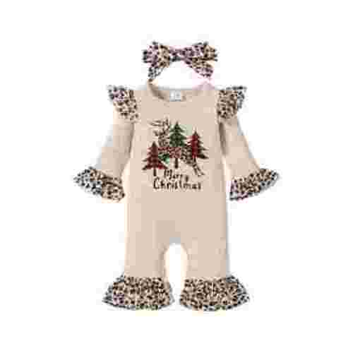 0-18M Toddler Newborn Infant Baby Girl Christmas Clothes Deer Jumpsuit Ruffles Leopard Sleeve Romper Xmas Outfits