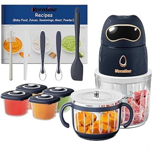 Veroline Baby Food Maker, 13-in-1 Baby Food Processor Set with 2 Glass Bowls (600ml+300ml), Baby Food Blender for Baby Puree, Fruit, Meat, Vegatable, Baby Food Storage Containers, Baby Essentials