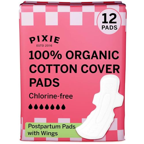 Pixie Organic Cotton Postpartum Pads for Women - Extra Heavy Absorbency with Wings - Leak-Proof, Hypoallergenic & Unscented - Compostable, Biodegradable - 12 Count