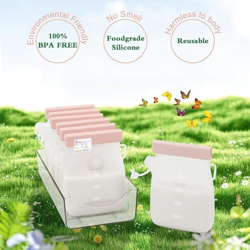 7 Pcs Breastmilk Storage Bags with a Fridge Organizer Bin, Reusable Breastfeeding Essentials, 11oz/320ml Double Leak-Proof Breastmilk Freezer Bags for Breastfeeding, Postpartum Essentials