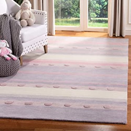 SAFAVIEH Kids Collection Accent Rug - 4' x 6', Light Purple & Ivory, Handmade Stripe Wool, Ideal for High Traffic Areas in Entryway, Living Room, Bedroom (SFK801V)