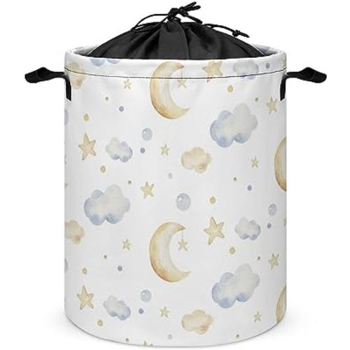 Baby Laundry Basket Cartoon Cute Kids Laundry Hamper Drawstring Round Collapsible Toys Clothes Storage Organizer Moon and Stars Decor for Boys Girls Bedroom Nursery