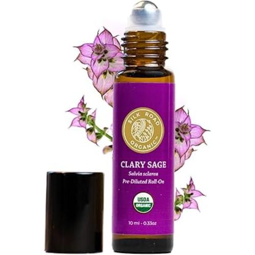 Silk Road Organic Clary Sage Essential Oil Roll On, 100% Pure USDA Certified Aromatherapy for PMS, Stress & Mental Clarity - 10 ml Roller - Always Pure, Always Organic