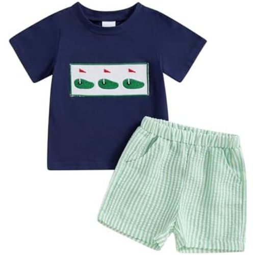 CIYCUIT Toddler Baby Boy Clothes Embroidered Print T-Shirt and Striped Shorts 2 Piece Outfit Set