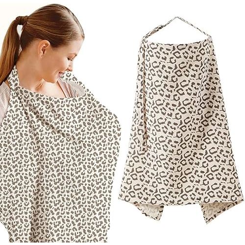 Muslin Nursing Cover for Baby Breastfeeding,Soft & Breathable Cotton Breastfeeding Cover with Arch Neckline,Privacy Breast Feeding Cover for Women（Leopard）
