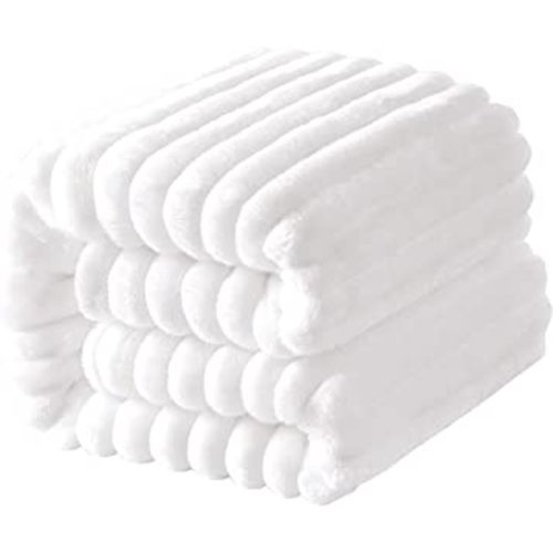 NTBAY Plush Flannel Baby Blanket, Soft and Warm Toddler Blanket with Striped Texture for Stroller, Crib, Travel, 30x40 Inches, White