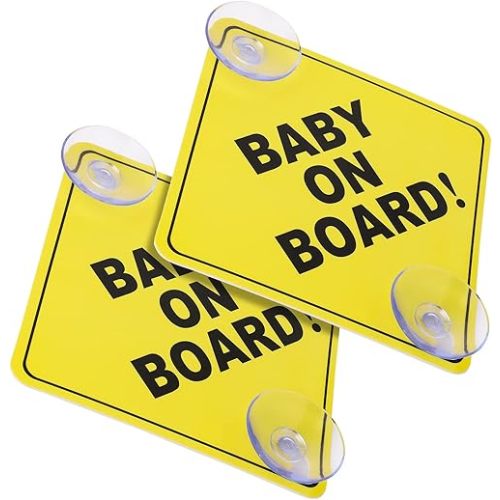 cobee Baby on Board Car Warning Signs, 2 Pcs 5"x5" Safety Car Sign with Double Suction Cups, Baby in Car Sticker for Car Window Cling Reusable Durable Baby on Board Sticker Decal(Style-A)