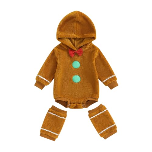 Ayalinggo Gingerbread Man Outfit Newborn Baby Boy Girl Halloween Christmas Costume Hooded Bubble Romper Fuzzy Bodysuit