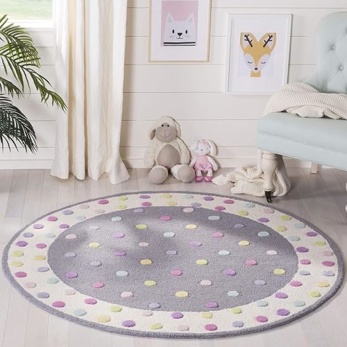 SAFAVIEH Kids Collection Area Rug - 3' Round, Grey & Multi, Handmade Polka Dot Wool, Ideal for High Traffic Areas in Playroom, Nursery, Bedroom (SFK101F)