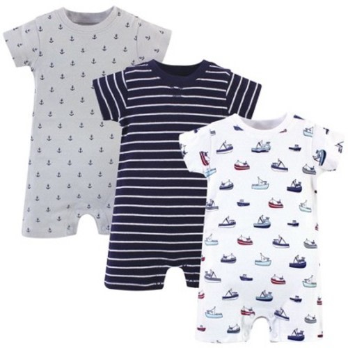 Touched by Nature Baby Boy Organic Cotton Rompers 3pk, Fishing Boats, 0-3 Months