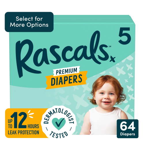 Rascals Premium Absorbent Baby Diapers Size 5, 64 Count