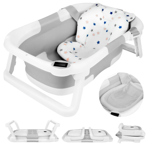 Collapsible Baby Bathtub,BUSATIA Baby Bath Tub with Soft Thermometer & Soft Floating Cushion & Bath Net,Baby Bathtub Newborn to Toddler 0-36 Months,Portable Travel Baby Tub,Gray
