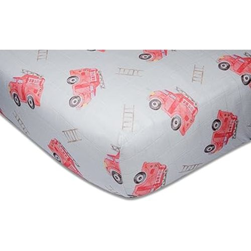 immispace - Ultra Soft Muslin Crib Sheet | 30% Organic Cotton + 70% Rayon | Fit Standard Crib Mattress 52" x 28" | Machine Washable Girls & Boys | Newborns & Infants Gifts (Fire Truck)