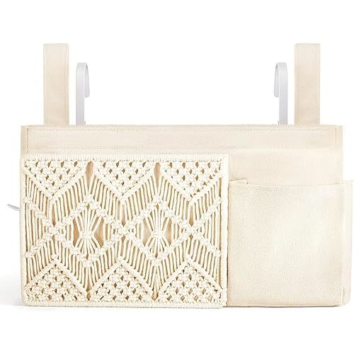 Mkono Bedside Caddy Hanging Organizer, Boho Macrame Storage with Fixed Straps and Hooks, 4 Pockets Holder Remote Magazine Accessories for Home Loft Bunk Bed, Dorm, Hospital Beds