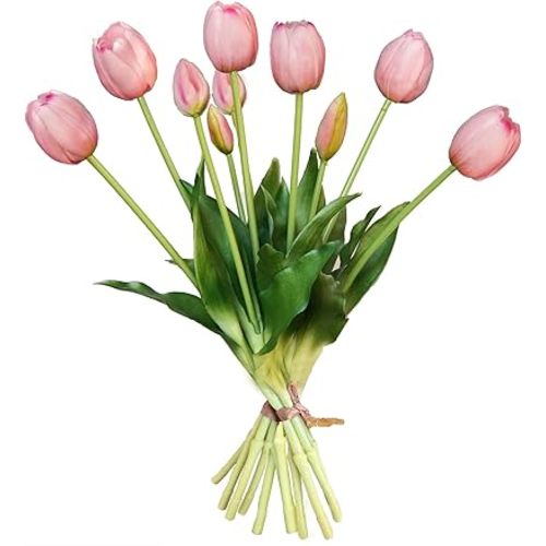 10 Pcs Fake Tulips Tulips Artificial Flowers Real Touch Fake Flowers Artificial Flower Bouquet for Home Table Party Wedding Decoration(Light Pink)