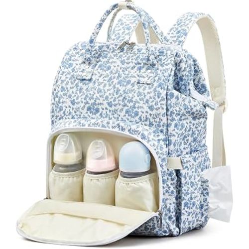 Sunnymove Blue Corduroy Floral Diaper Bag Backpack for Mom Large Capacity Multifunction Travel Backpack for Women, Cute Diaper Bag