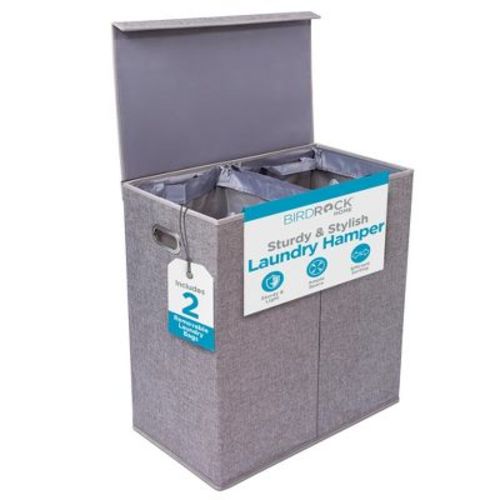 Birdrock Home Double Linen Laundry Hamper With Lid And Removable Liners - Grey