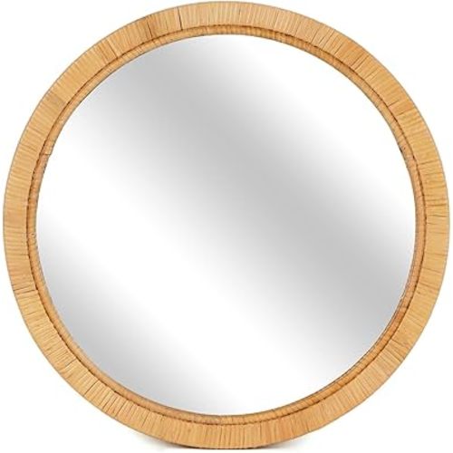 Boho Rattan Wall Mirror Rattan Framed Round Mirror Decorative Farmhouse Hanging Mirror for Bathroom Vanity Entryway Living Room Home Wall Decor - 20.08" x 1.19" x 20.08"