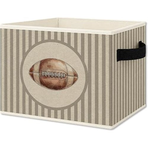Boy Nursery Football Foldable Storage Bins Box with Handles, Neutral Striped Football Sports Collapsible Organizer Basket for Kids Boys Bedroom Bathroom Playroom Clothes Books