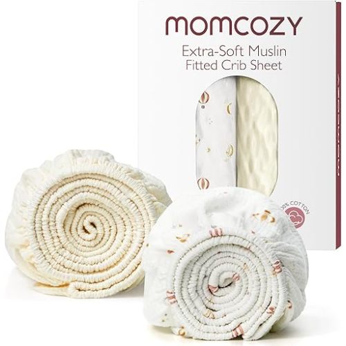 Momcozy Muslin Fitted Mini Crib Sheets, 38''x26'', 2 Pack Soft Breathable Natural Cotton Baby Mattress Sheet, 360° Mattress Wrapping No Slip Boys Girls Neutral Toddler Bed Sheet, Sky Hot Air Balloon