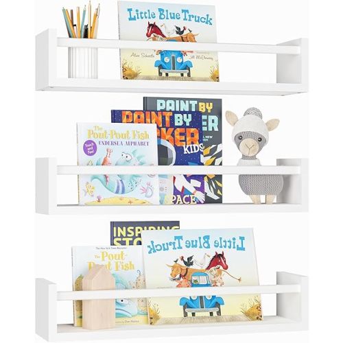 Fixwal Nursery Bookshelves, 16.5 Inch Floating Bookshelves for Wall Set of 3, Baby Kids Decor, Solid Wood Wall Mounted Shelves for Books, Toys and Decor Storage (White)