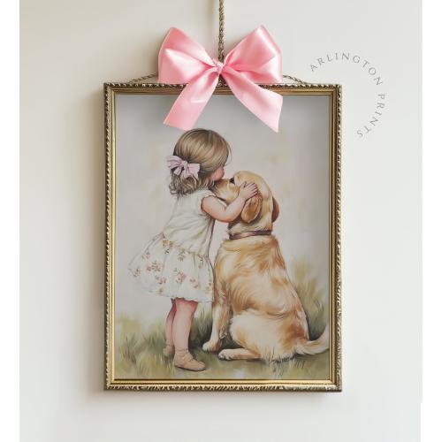 Pink Bow Girl & Dog Painting, Golden Retriever Print, Grandmillenial Coquette Room Decor, Farmhouse Nursery Decor, Dog Drawing | CA14