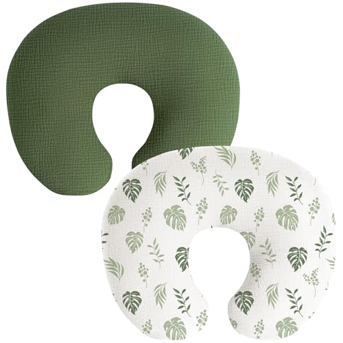 Coreeky Muslin Nursing Pillow Covers, 2 Pack, Soft & Adorable Slipcovers with Zipper Closure, 100% Cotton Covers for Breastfeeding Pillows (Leaf, Green)