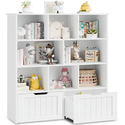 Toy Storage Organizer, Kids Bookshelf and Toy Storage with 2 Movable Drawers, Toy Chest Shelf Organizer with Hidden Wheels and 8 Storage Cubbies, Multifunctional Toy Organizer for Playroom, White