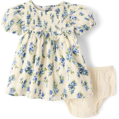 The Children's Place,Baby-Girls,and Newborn Casual Short Sleeve Dress with Diaper CoverBlue Floral,9 Months,12 Months