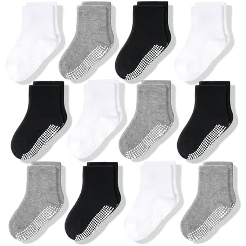 CozyWay Kids Socks With Grippers Non Slip Crew Grip Socks for Girls and Boys Soft Comfy Cotton Unisex - 12 Pack