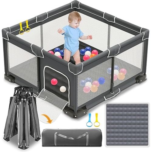 Foldable Playpen for Babies and Toddlers, 50x50 Inches Portable Playpen, Kids Collapsible Play Pen with 2 Handlers, Indoor & Outdoor Baby Fence Play Area with Visible Mesh, Dark Gray