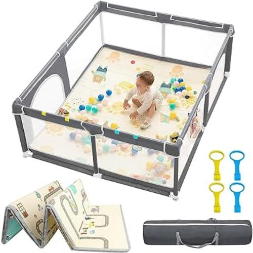 dearlomum Baby Playpen with Mat 70" X 60", Extra Large Play Yard for Babies and Toddlers, Safety Baby Fence, Indoor & Outdoor Kids Activity Play Center with Anti-Slip Suckers and Zipper Gate(Gray)