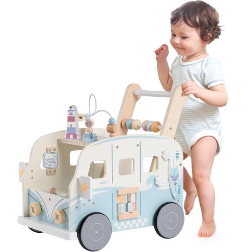 ROBOTIME Wooden Baby Walker, Baby Push Walker, Baby Activity Center Toys, Ajustable Speed Multi-Functional Baby Walker with Wheels for Boys and Girls(Vacaction Bus)