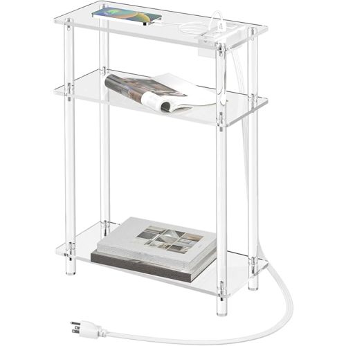 HMYHUM Acrylic Narrow Side Table with Charging Station, 7" Width, 3 Tier Small End Table for Small Spaces, Skinny Nightstand/Bedside Table with USB Ports & Outlet, Clear