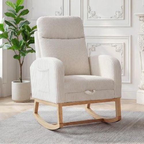 Nursery Rocking Chair, Corduroy Upholstered Rocking Chair with Adjustable Footrest, Tufted Rocker Chair with Side Pocket, Glider Rocker Off-white