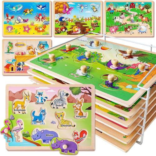 SYNARRY, Wooden Peg Puzzles for Toddlers, 6-Pack Educational Toys Set