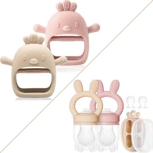 Baby Teething Relief Package, Teething Mitten & Freezer Teether Feeder for 0-6 6-12 Months Babies, 100% Food Grade Silicone, BPA Free