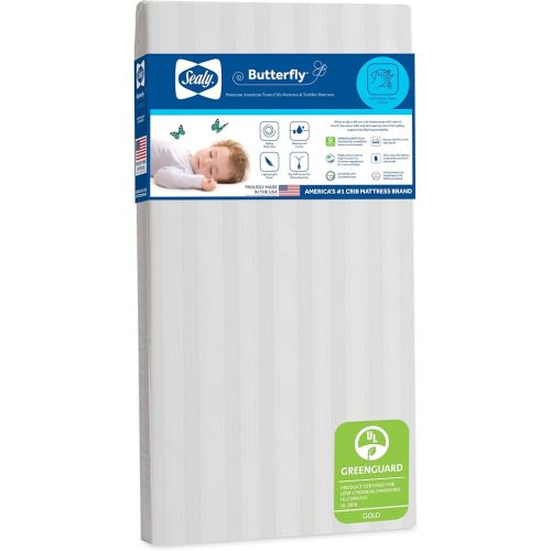 Sealy Baby Butterfly Crib Mattress plus Toddler Bed Fit, Premium American Foam, Washable Easy to Clean Zip Off Cover, GREENGUARD Gold Certified, Safety & Quality Tested, Made in USA, 52"X28" - Stripes
