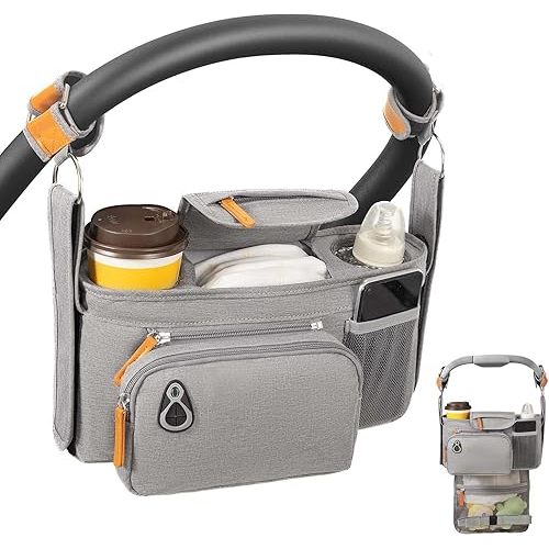 Universal Stroller Organizer with Insulated Cup Holder and Phone Holder, Large Pocket, Fits Most of Stroller Like Baby Jogger, Britax, BOB, Umbrella, Doona (Grey)