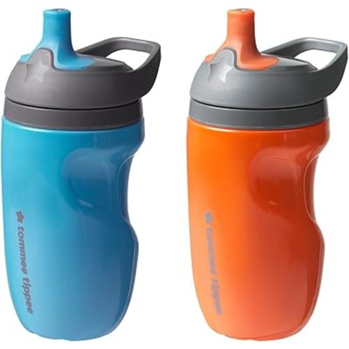 Tommee Tippee Insulated Sportee Bottle, 9oz, No Spill Toddler Water Bottle For 12 months +, Two-Piece Valve Helps Stop Spills, Orange and Blue, 2 count