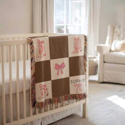 Personalized Cowgirl Blanket Cowgirl Baby Shower Gift Western Girl Blanket with Bow Nursery Decor Coquetteaesthetic Girl Name Woven Blanket